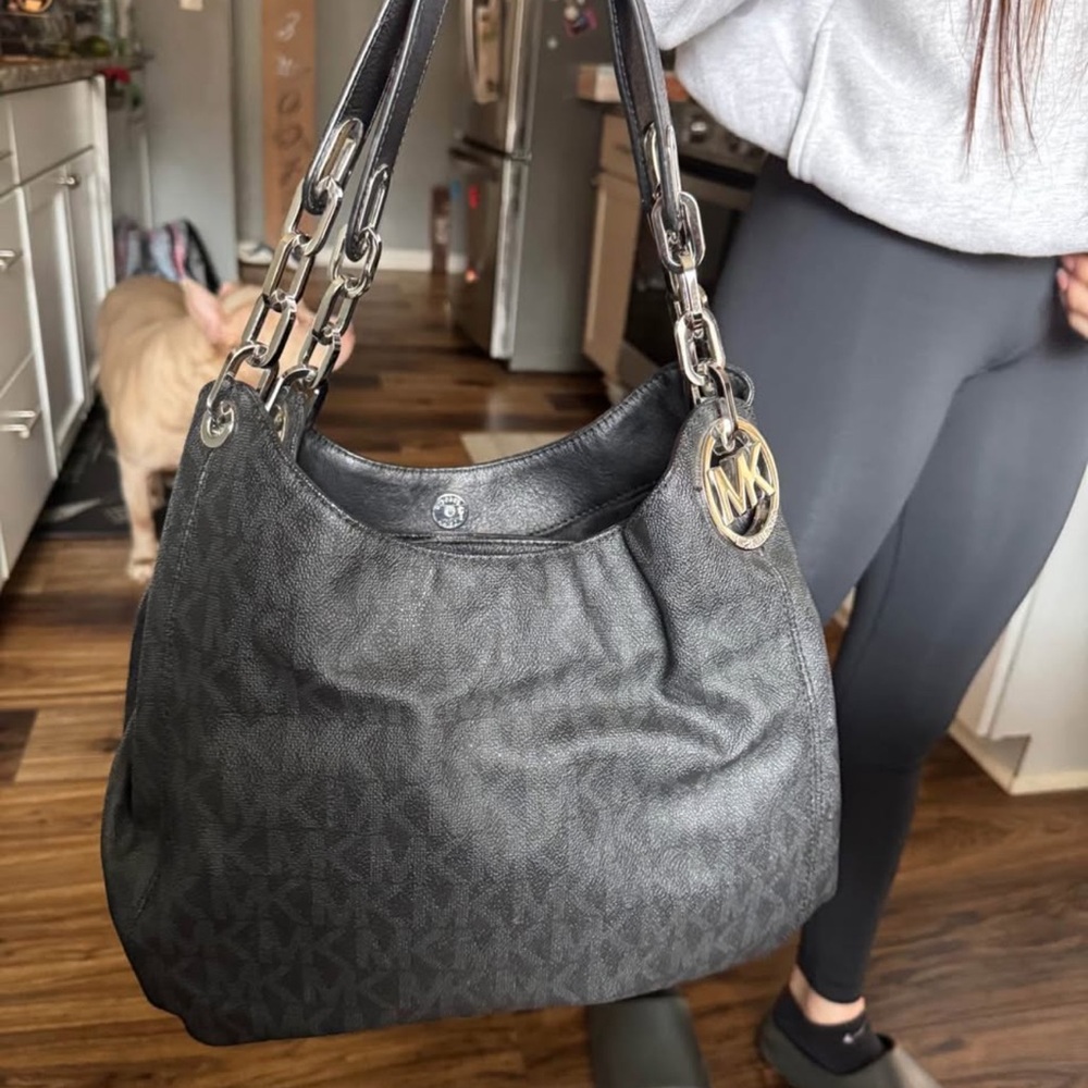 Michael Kors Black Shoulder Bag with Silver Accents